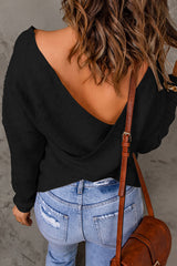 Black Criss Cross Wrap Plunging Neck Sweater