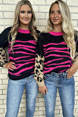 Black Leopard Zebra Print Pullover Sweater