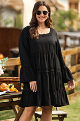 Black Lace Trim Tie Back Plus Size Tiered Swing Dress