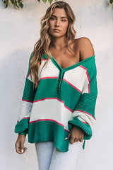 Green Striped Color Block Knitted Buttoned V Neck Sweater