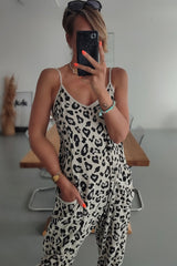 Leopard Spaghetti Straps Side Pockets Loose Fit Jumpsuit