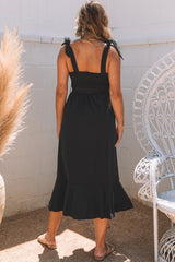 Black Tie Shoulder Smocked Back Side Slit Maxi Dress