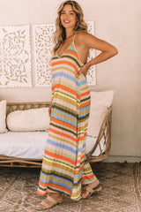 Stripe Tie Straps Loose V Neck Maxi Dress