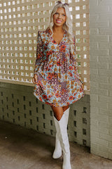 Sky Blue Floral V Neck Empire Waist Babydoll Dress