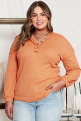 Orange Buttoned V Neck Waffle Knit Plus Size Top