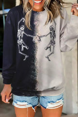 Black Halloween Color Block Dancing Skeleton Sweatshirt