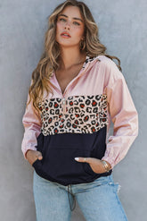 Black Leopard Patchwork Half Zip Pocketed Pullover Hoodie