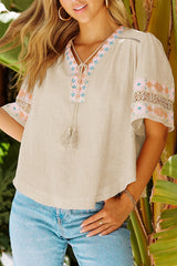 Beige Tassel Drawstring Embroidered Half Sleeve V Neck Top
