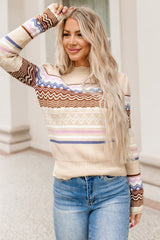 Khaki Geometric Print Knitted Long Sleeve Sweater