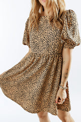 Leopard Animal Print Bubble Sleeve Babydoll Dress