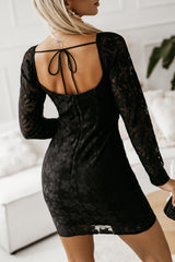 Black Square Neck Long Sleeve Lace Bodycon Mini Dress