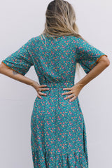 Sky Blue Wrap V Neck Lace-up High Waist Floral Dress