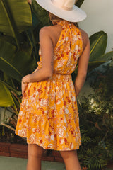 Yellow Sleeveless Smocked Waist Floral Dress