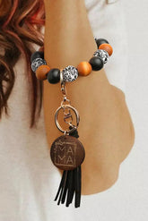 Black Leopard Wood Bead Bracelet Tassel Keychain