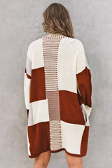 Red Chunky Block Pattern Knit Open Front Cardigan