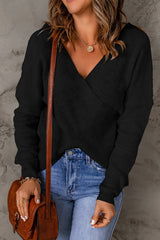 Black Criss Cross Wrap Plunging Neck Sweater