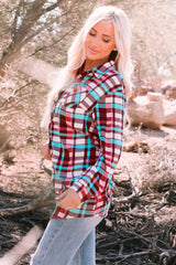 Multicolor Long Sleeve Pockets Buttoned Plaid Mini Dress