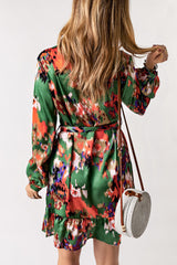 Green Abstract Print Ruffled Drawstring High Waist Mini Dress