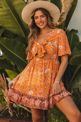 Yellow Self-tie Front Cut-out Floral Dress