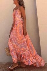 Orange Geometric Print Tassel Tie Halterneck Maxi Dress