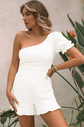 White One-shoulder Puff Sleeves Romper with Ruffle Trim