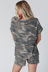Green Classic Camo Print Slouchy Loungewear Shorts Set