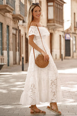 White Off-the-shoulder Ruffled Lace Maxi Dress