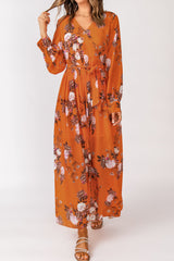Orange Orange Floral Print Lace-up Ruffled V Neck Maxi Dress with A Slit