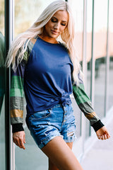 Color Block Long Sleeves Navy Pullover Top