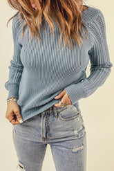 Gray Plain Hollow-out Knit Long Sleeve Pullover Sweater