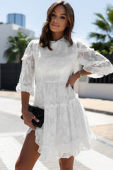 White Sheer Jacquard Ruffle Trim Half Sleeve Dress