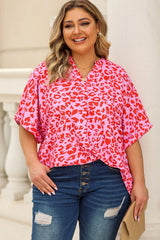Rose Leopard Print V Neck Half Sleeve Plus Size Blouse