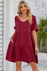 Red V Neck Ruffle Short Sleeve Flared Midi Dress
