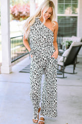 Leopard Print Slant One Shoulder Loose Jumpsuit
