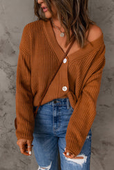 Brown V Neck Drop Shoulder Buttons Cardigan