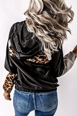 Black Leopard Print Contrast Stitching Hoodie