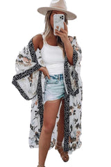 White Floral Print Lace Patchwork Batwing Sleeve Duster Kimono