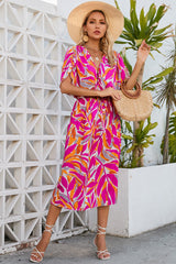 Rose Tropical Leafy Print Drawstring V Neck Midi Dress