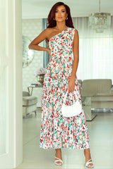 Green Boho Floral One-Shoulder Sleeveless Pleated Maxi Dress