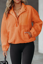 Orange Half Button Pocketed Fleece Pullover Sweatshirt