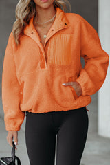 Orange Half Button Pocketed Fleece Pullover Sweatshirt