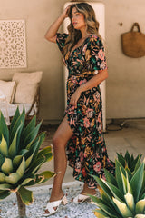 Black Floral Print Knotted Wrapped V Neck Maxi Dress