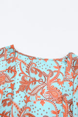 Sky Blue Boho Retro Floral Print Long Sleeve Oversized Kimono