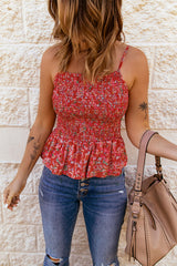 Red Floral Print Smocked Flounce Spaghetti Strap Camisole