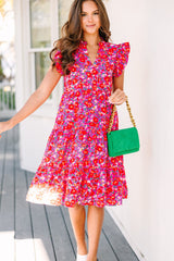 Red Boho Floral Flutter Sleeve Tiered Ruffled Dress