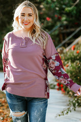Purple Floral Accent Puff Sleeves Plus Size Thermal Top