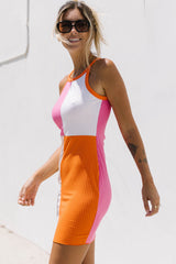 Pink Color Block Ribbed Sleeveless Bodycon Mini Dress