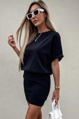 Black Solid Color High Waist Short Sleeve Active Mini Dress