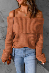 Brown Ribbed Knit Off Shoulder Sweater
