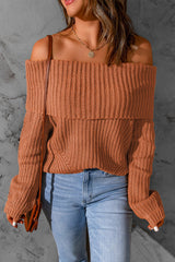 Brown Ribbed Knit Off Shoulder Sweater